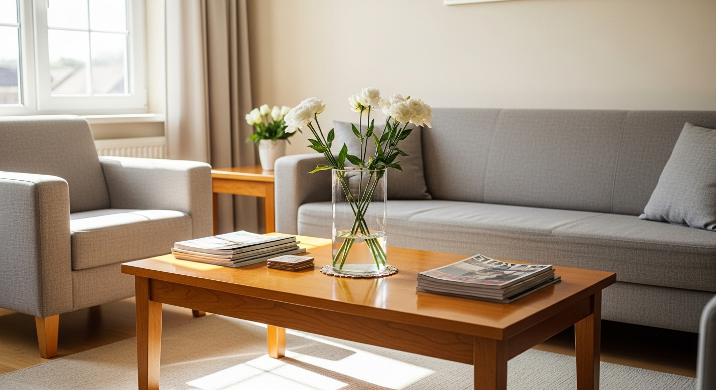 Phòng khách sáng sủa, gọn gàng với nội thất ngăn nắp, bề mặt sạch bóng và lọ hoa trắng tinh tế, là hình ảnh lý tưởng sau khi làm sạch nhà cửa trước Tết.