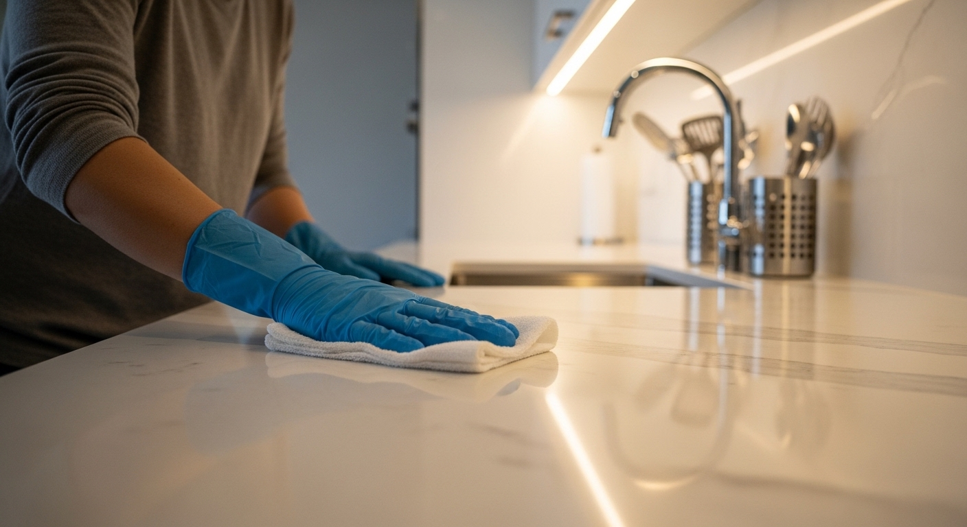 Người đeo găng tay đang lau chùi tỉ mỉ mặt bếp hiện đại sáng bóng, thể hiện cách dọn dẹp và vệ sinh nhà mới hiệu quả.