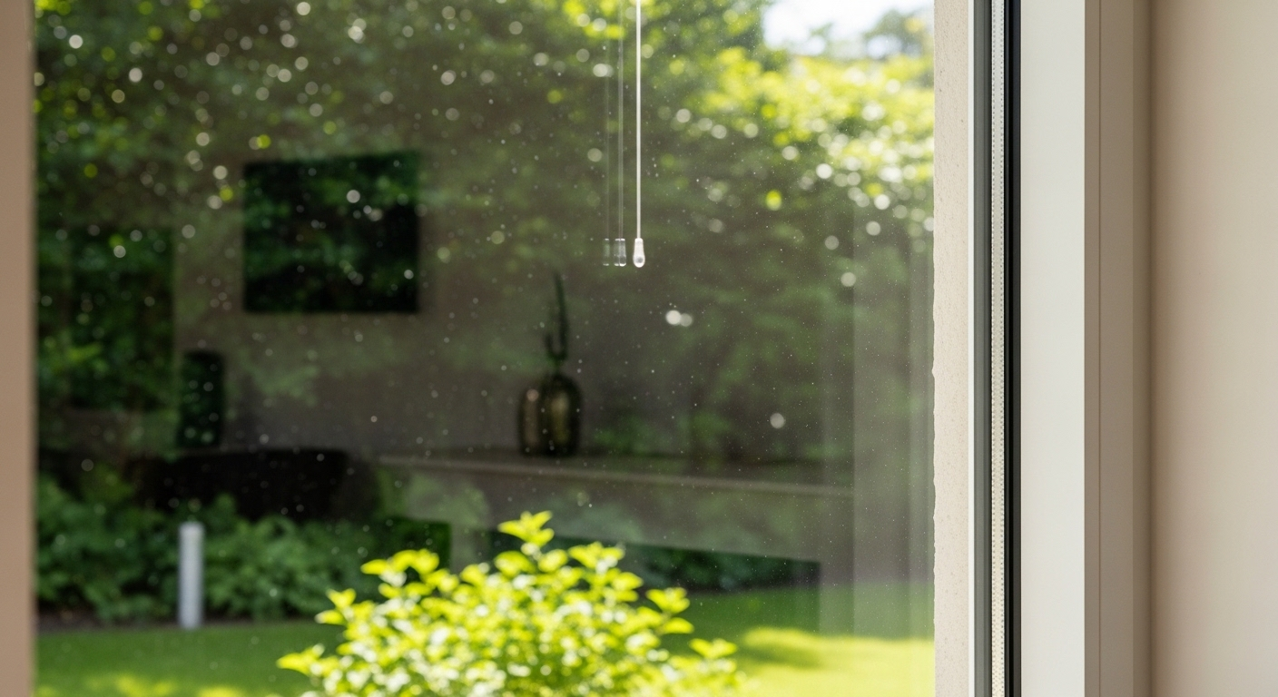 cửa kính trong suốt, không tì vết, phản chiếu rõ nét không gian bên trong, nhìn ra khu vườn xanh ngập nắng. Hình ảnh minh họa hoàn hảo cho mẹo giữ nhà sạch lâu.