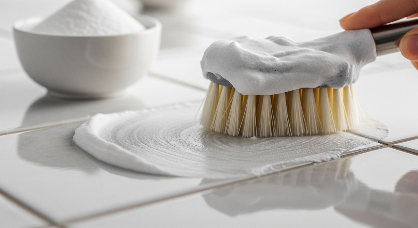 Dùng bàn chải mềm thoa hỗn hợp bột nở và nước lên gạch men sáng màu trong nhà bếp, mang lại bề mặt sạch bóng. Bát bột nở nhỏ trên quầy.