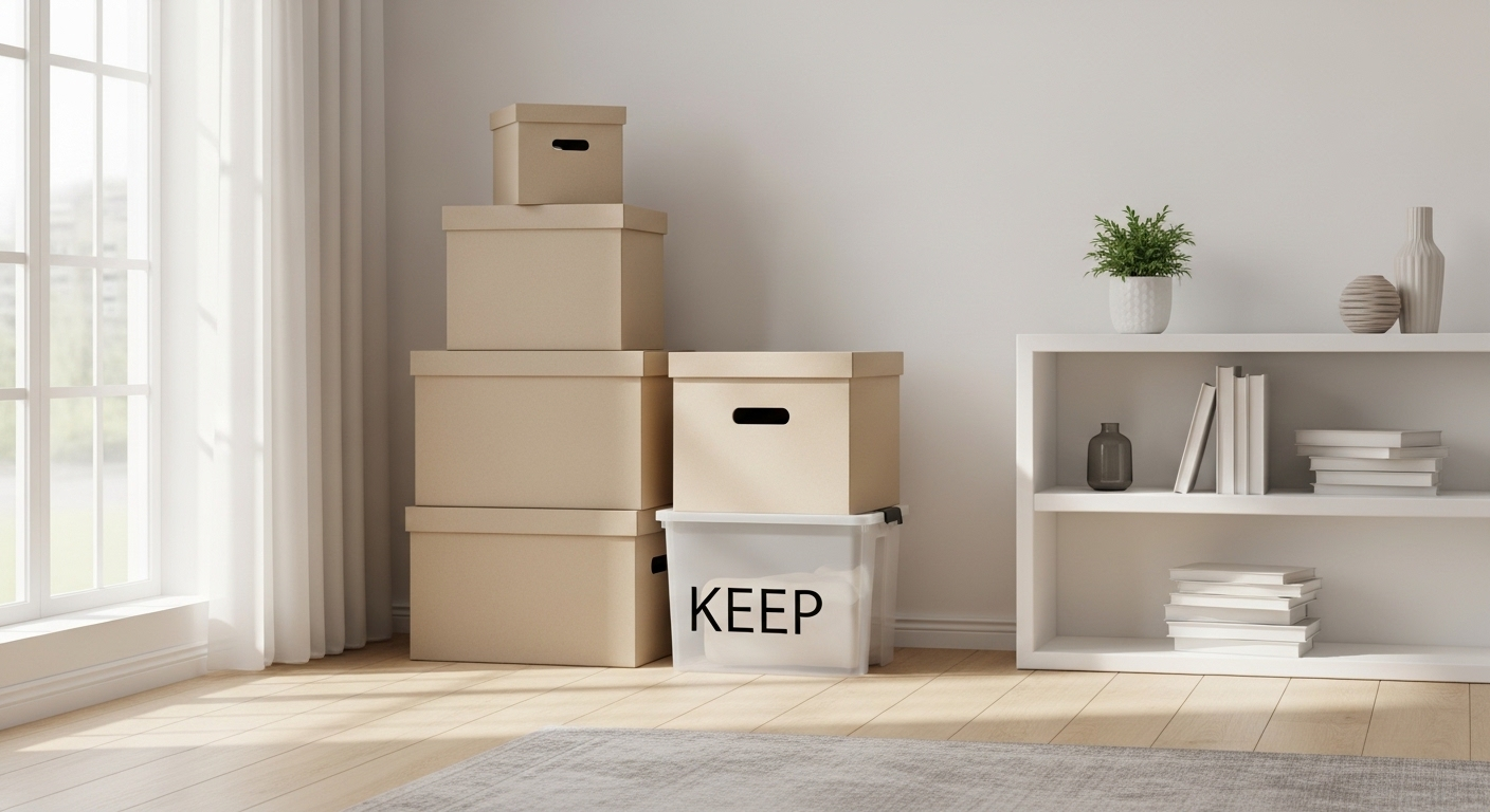 Phòng khách sáng sủa với hộp quyên góp, thùng 'giữ lại' và kệ đã dọn dẹp gọn gàng, minh họa mẹo dọn nhà hiệu quả dưới ánh sáng tự nhiên.