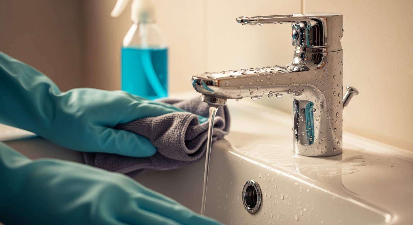 Bàn tay đeo găng dùng khăn microfiber lau sạch bồn rửa phòng tắm và vòi chrome, minh họa cách làm sạch phòng tắm hiệu quả cho bề mặt sáng bóng, không vết ố.