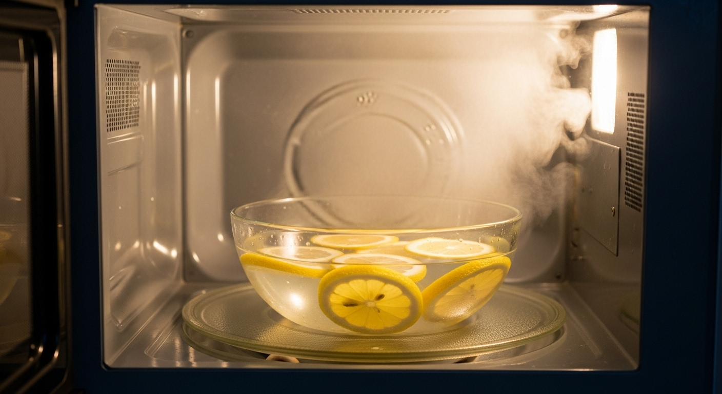 Bát thủy tinh trong suốt đựng nước và lát chanh bên trong lò vi sóng đang tạo hơi nước làm sạch thành lò, minh họa hiệu quả một trong các mẹo làm sạch đồ dùng trong nhà bằng nguyên liệu tự nhiên.