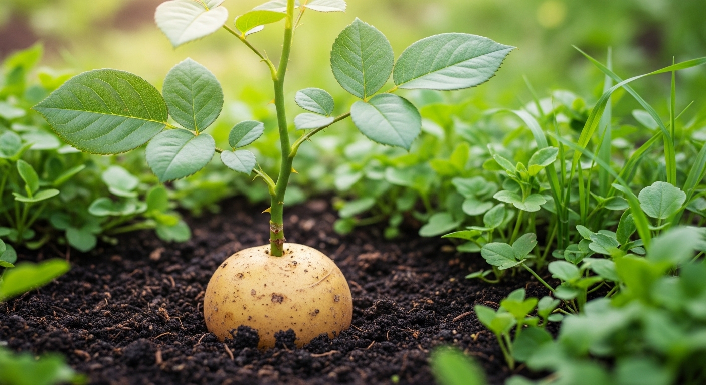 Cành hoa hồng xanh tươi giâm trong củ khoai tây, đặt trong đất vườn màu mỡ dưới ánh nắng dịu, minh họa một mẹo vặt cuộc sống hiệu quả để nhân giống cây.