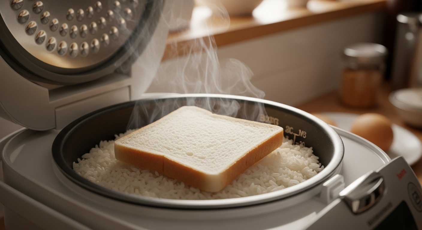 Lát bánh mì trắng trên cơm nóng hổi trong nồi cơm điện mở, gợi ý mẹo vặt cuộc sống tiện lợi.