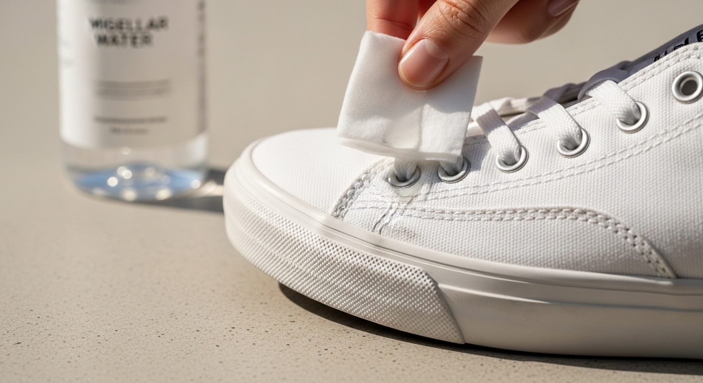 Lau vết xước trên giày sneaker trắng bằng bông và nước tẩy trang. Bí quyết giữ giày luôn sạch như mới. Lau vết xước trên giày sneaker trắng bằng bông và nước tẩy trang. Bí quyết giữ giày luôn sạch như mới.