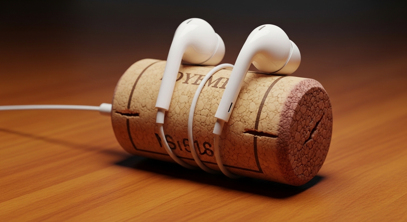 Nút bần rượu với tai nghe màu trắng được cuốn gọn gàng, cố định bằng các rãnh nhỏ – một mẹo vặt sắp xếp dây cáp hiệu quả trên mặt gỗ.