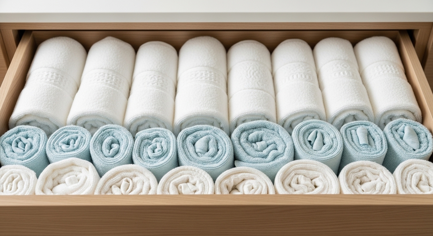 Ngăn kéo sắp xếp khăn tắm và khăn tay cuộn gọn gàng, tông màu trắng và xanh nhạt, tối ưu không gian lưu trữ.