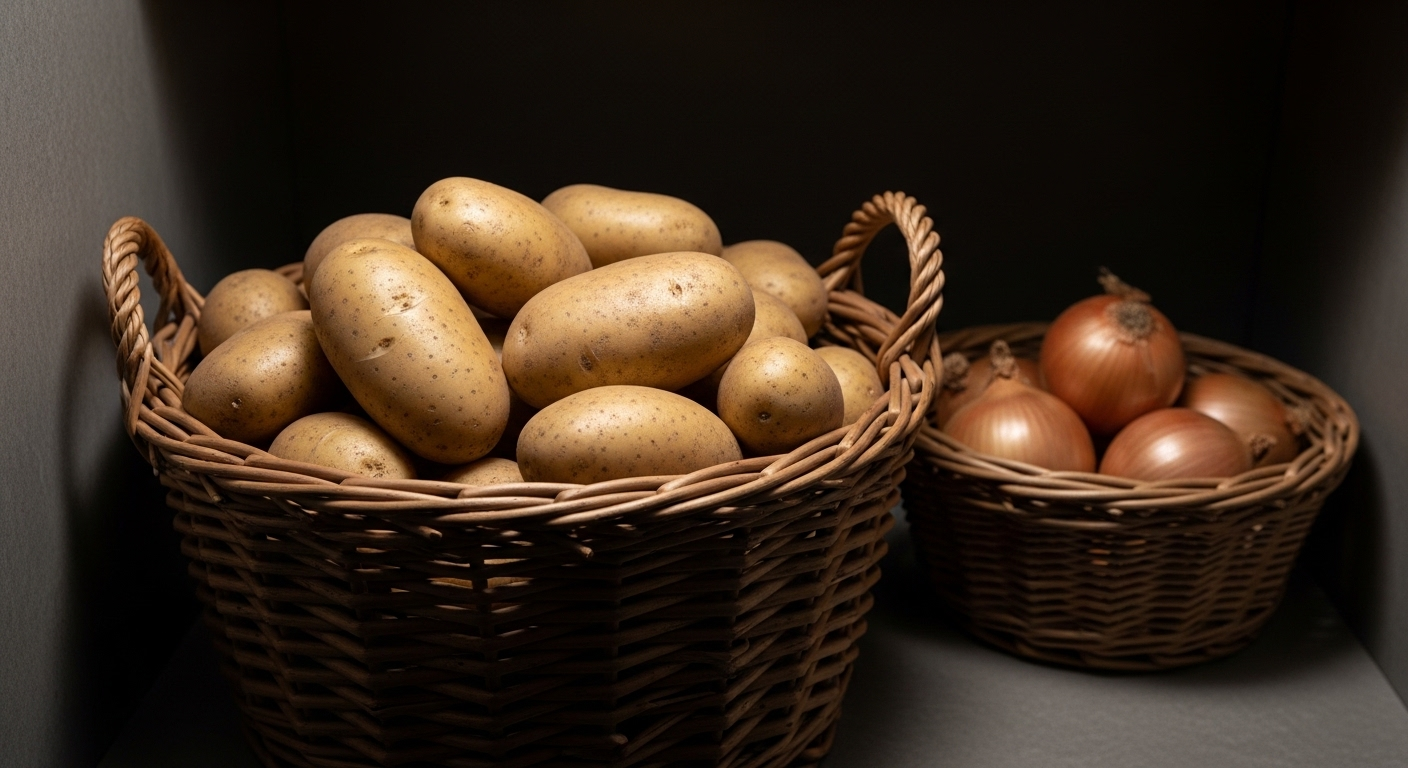 Giỏ khoai tây và hành tây được bảo quản trong góc tủ đựng thức ăn tối, mát, minh họa các phương pháp bảo quản thực phẩm không cần tủ lạnh hiệu quả, tương tự như việc tìm hiểu cách bảo quản thịt lợn không cần tủ lạnh.