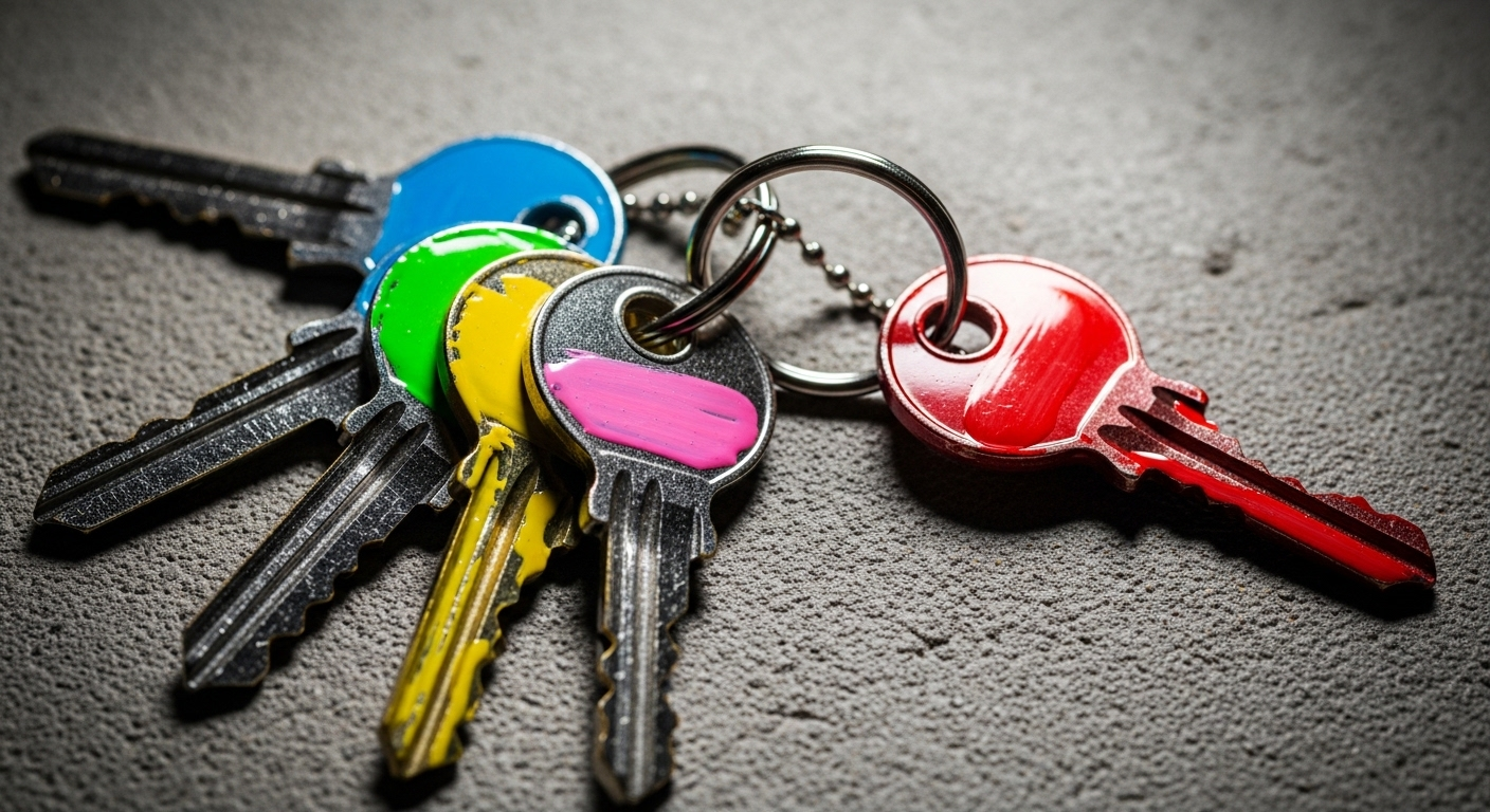 Chùm chìa khóa với các đầu chìa được sơn màu sắc rực rỡ, một mẹo vặt cuộc sống giúp phân biệt và tổ chức chìa khóa dễ dàng. Chùm chìa khóa với các đầu chìa được sơn màu sắc rực rỡ, một mẹo vặt cuộc sống giúp phân biệt và tổ chức chìa khóa dễ dàng.