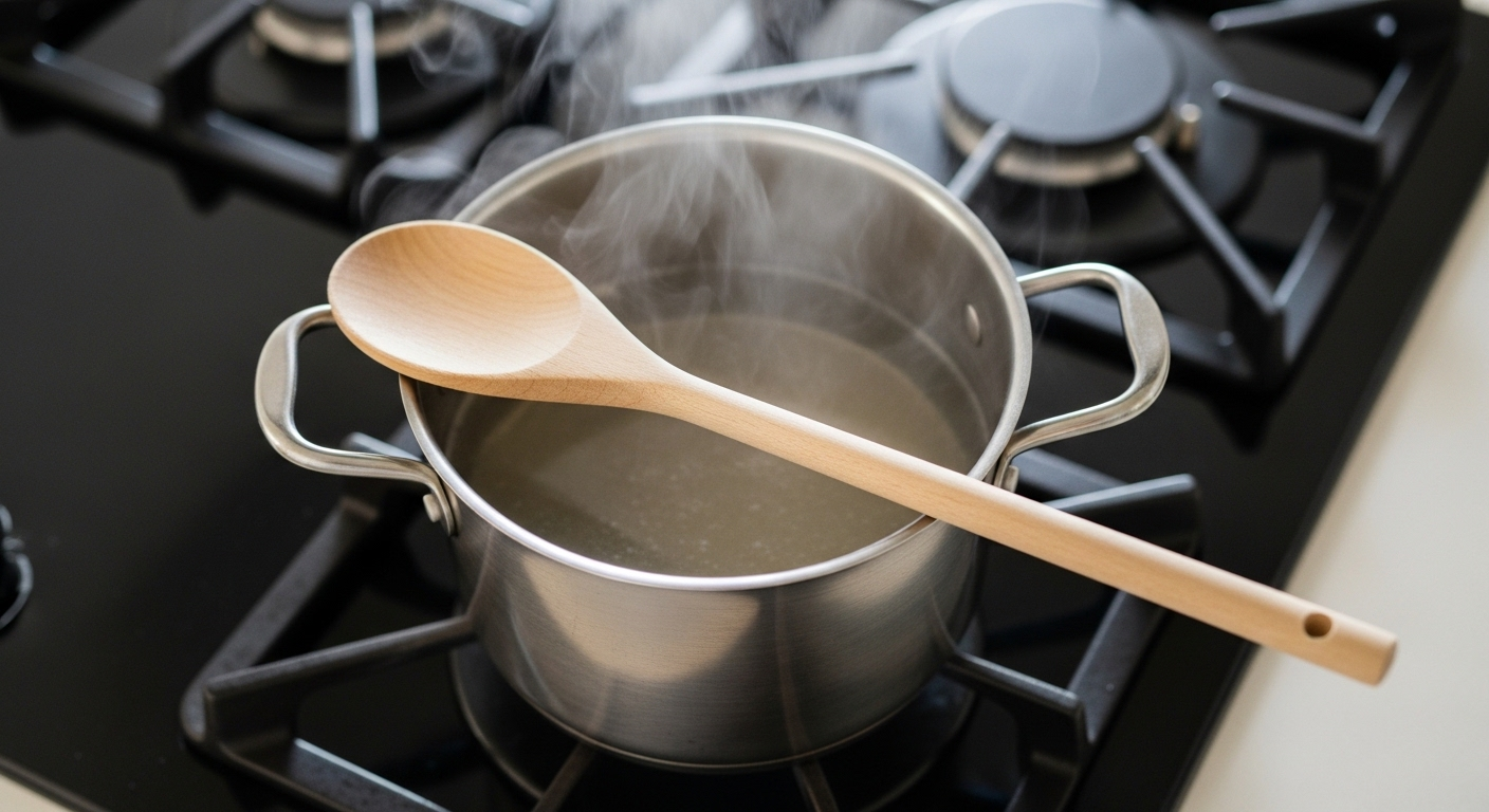Nồi inox đang sôi nhẹ trên bếp, hơi nước bốc lên, có muỗng gỗ đặt ngang miệng. Khám phá mẹo vặt cuộc sống giúp việc bếp núc tiện lợi hơn.
