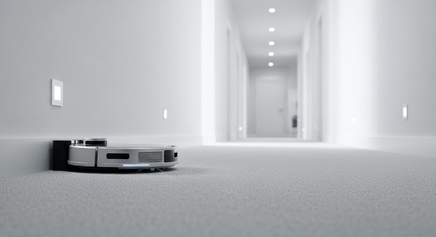 Robot hút bụi công nghệ cao đang làm sạch không gian sống trên thảm xám trong hành lang hiện đại, gọn gàng.