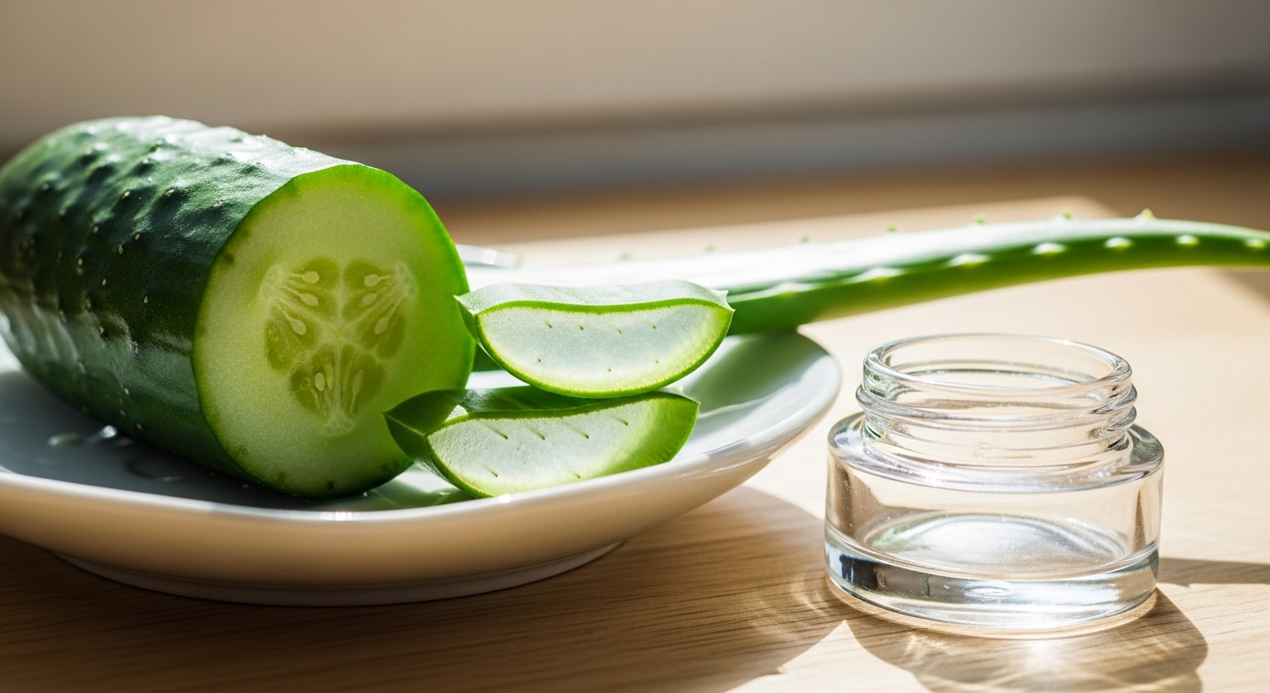 Lát dưa chuột tươi và lá nha đam trên đĩa trắng, cùng hũ mặt nạ DIY – mẹo vặt cuộc sống làm đẹp tự nhiên dưới ánh sáng dịu nhẹ.