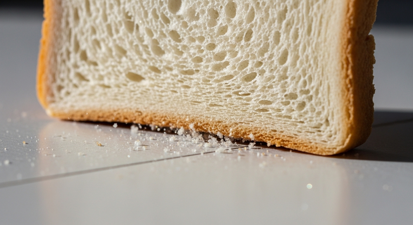 Dùng lát bánh mì mềm để làm sạch mảnh vụn nhỏ lấp lánh trên sàn nhà một cách cẩn thận.