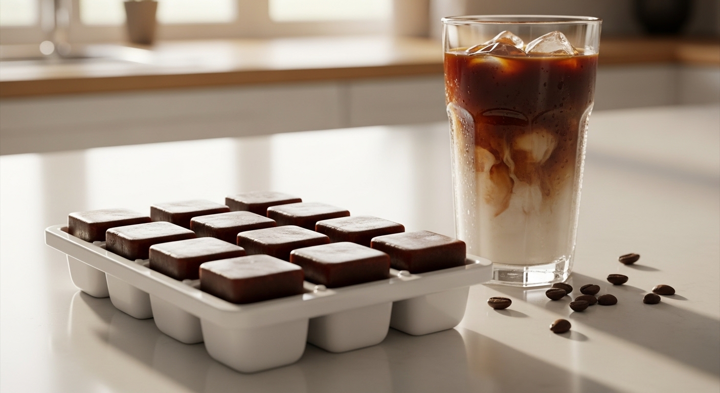 Khay đá chứa các viên cà phê đông lạnh nâu đậm, sẵn sàng cho món cà phê đá. Đây là một mẹo vặt giúp ly cà phê sữa đá luôn đậm đà, không bị nhạt, đặt trên bàn bếp dưới ánh sáng tự nhiên.