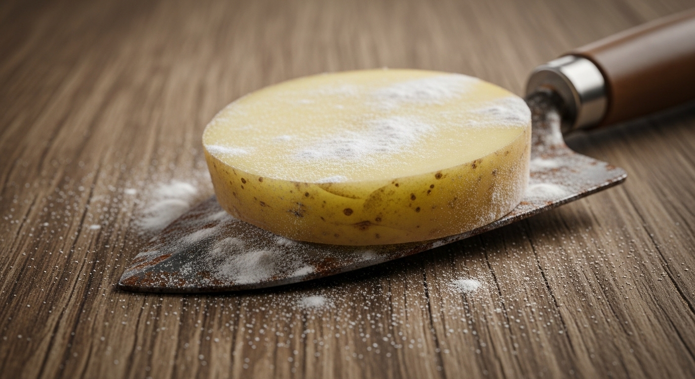 Tẩy gỉ sét dụng cụ làm vườn bằng khoai tây và baking soda.