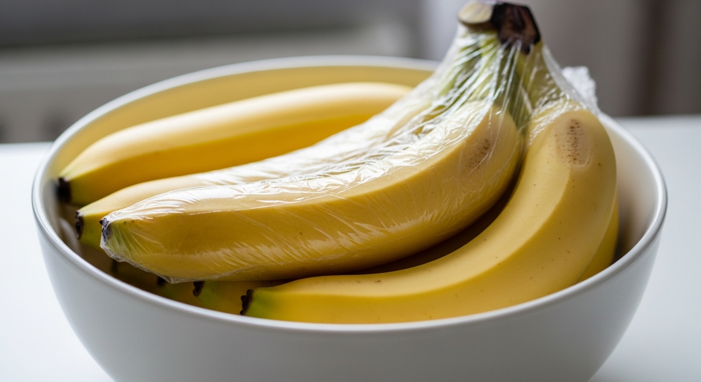 Nải chuối vàng tươi trong bát sứ trắng với cuống bọc màng thực phẩm – mẹo vặt cuộc sống giúp chuối tươi lâu.