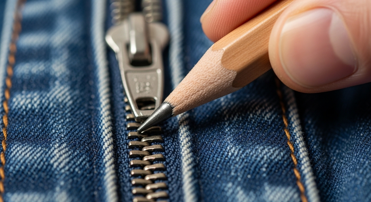 Cận cảnh bàn tay đang dùng đầu bút chì graphite chà lên răng khóa kéo kim loại bị kẹt trên quần jean xanh, một mẹo vặt cuộc sống hữu ích để sửa khóa kéo.