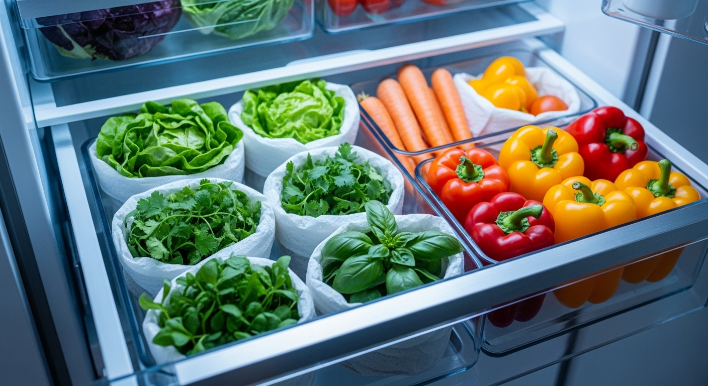 Ngăn tủ lạnh sạch sẽ với rau củ tươi (xà lách, cà rốt, ớt chuông) được bảo quản hiệu quả trong hộp kín và giấy ẩm.