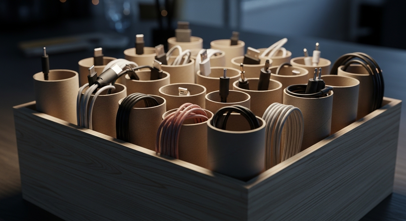 Dây cáp điện tử cuộn gọn trong lõi giấy vệ sinh, sắp xếp ngăn nắp trong hộp lưu trữ đơn giản.