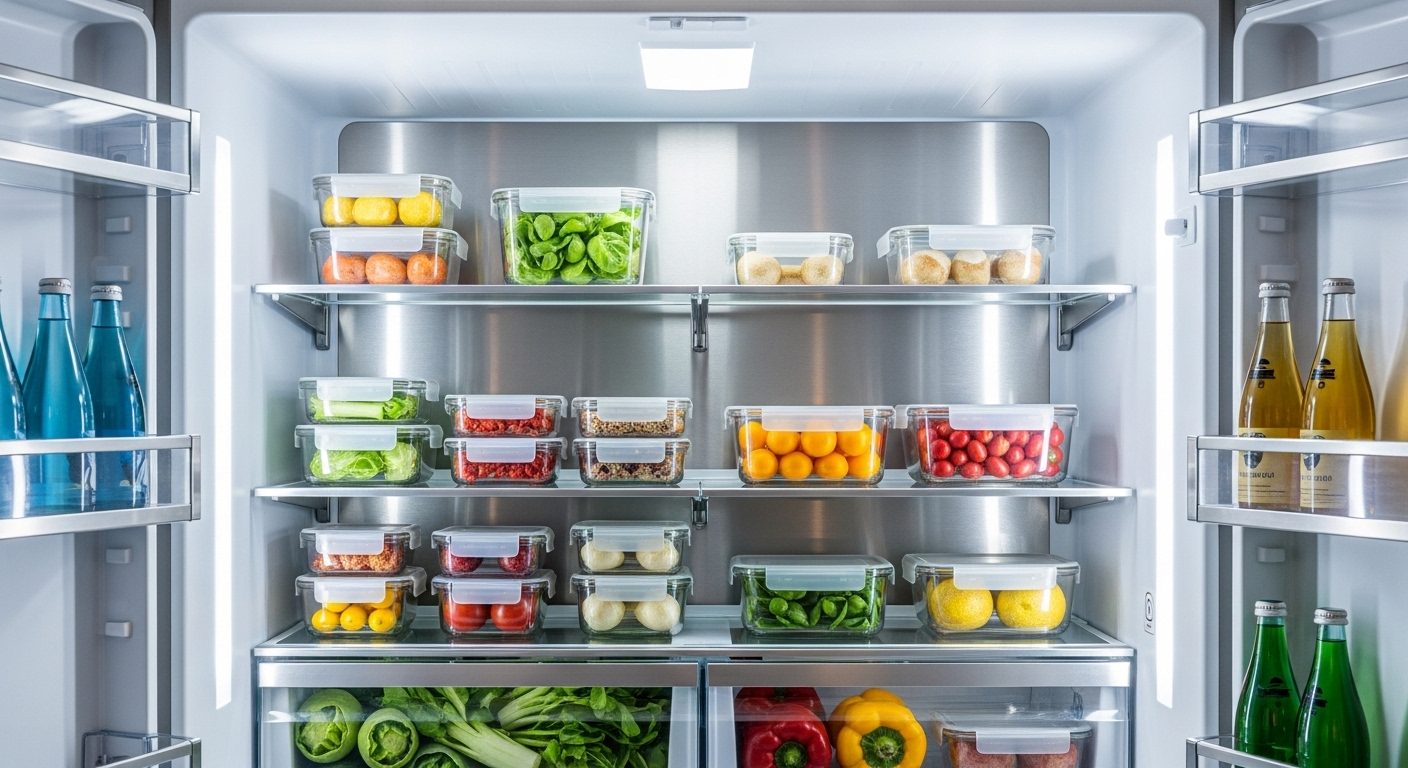 Nội thất tủ lạnh hiện đại sạch bóng, sắp xếp thực phẩm tươi ngon trong hộp thủy tinh, minh họa cho vệ sinh nhà bếp tối ưu.