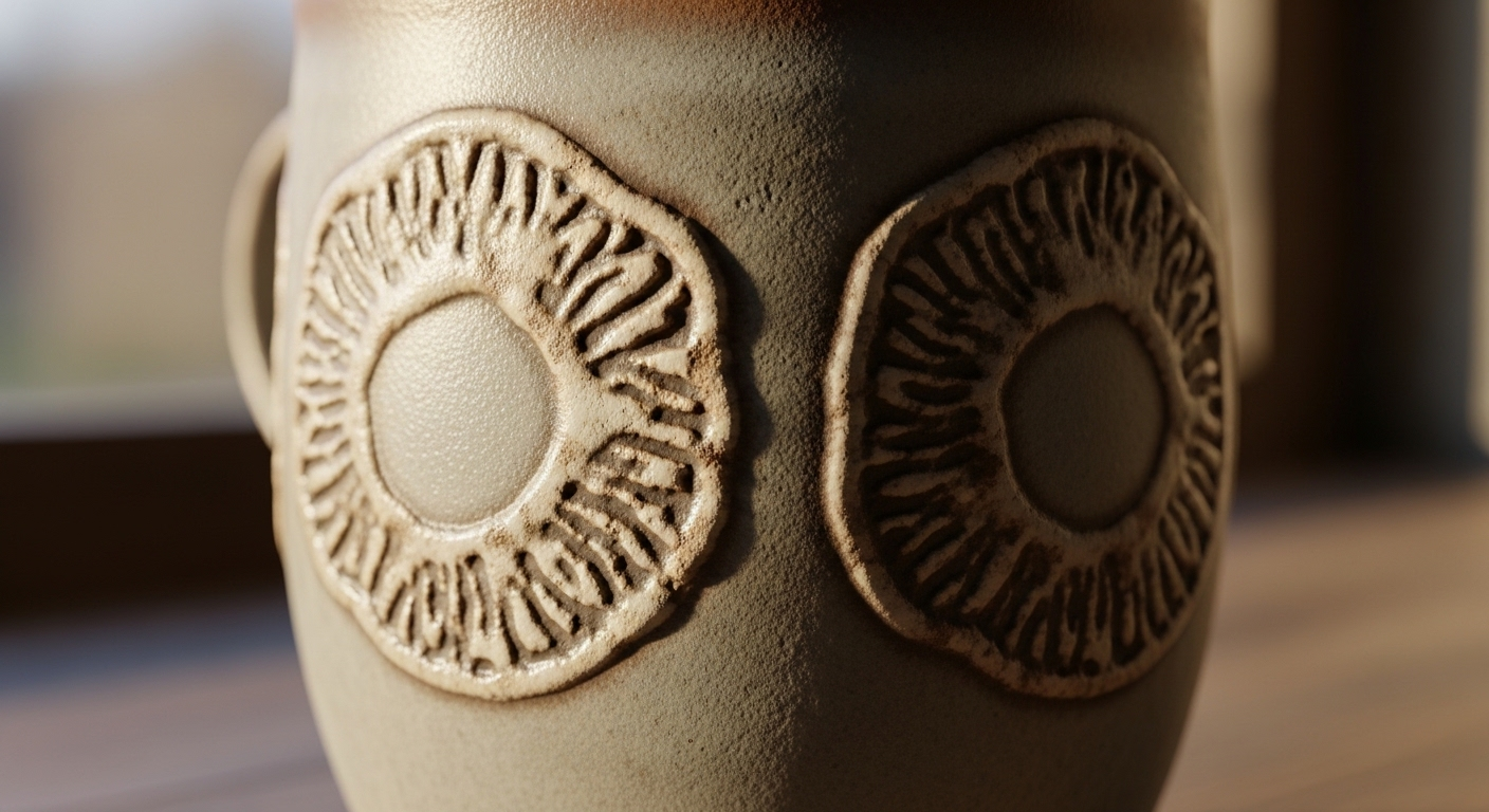 Cốc sứ đựng nước sôi với hoa văn nổi phai màu tinh tế, có kết cấu rõ nét dưới ánh sáng mềm.