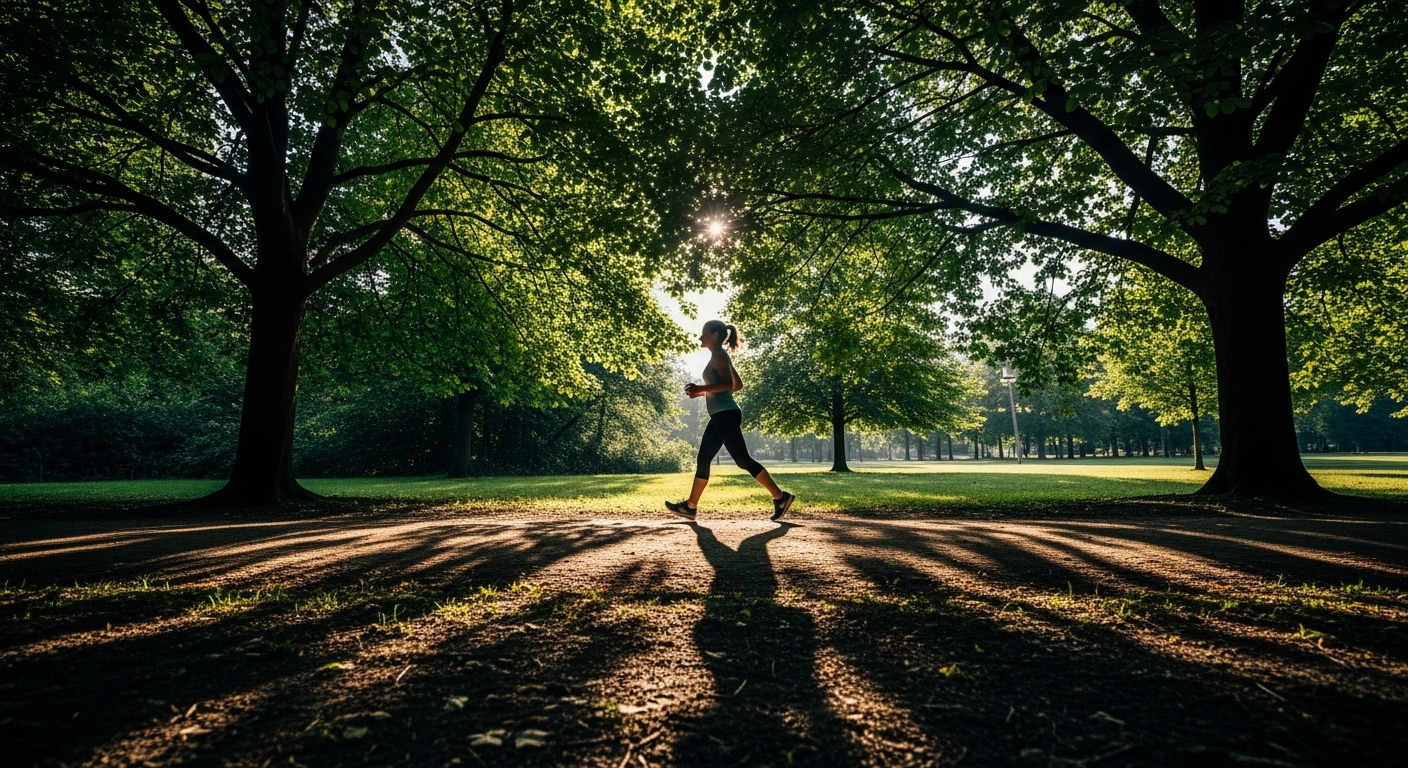 Người đang đi bộ nhanh trên con đường rợp bóng cây trong công viên xanh tươi dưới ánh nắng. Hoạt động thể chất ngoài trời góp phần tăng cường sức khỏe tổng thể và lối sống lành mạnh, bao gồm cả việc duy trì các chức năng cơ thể hiệu quả và tìm hiểu đi vệ sinh trong bao lâu là hợp lý.