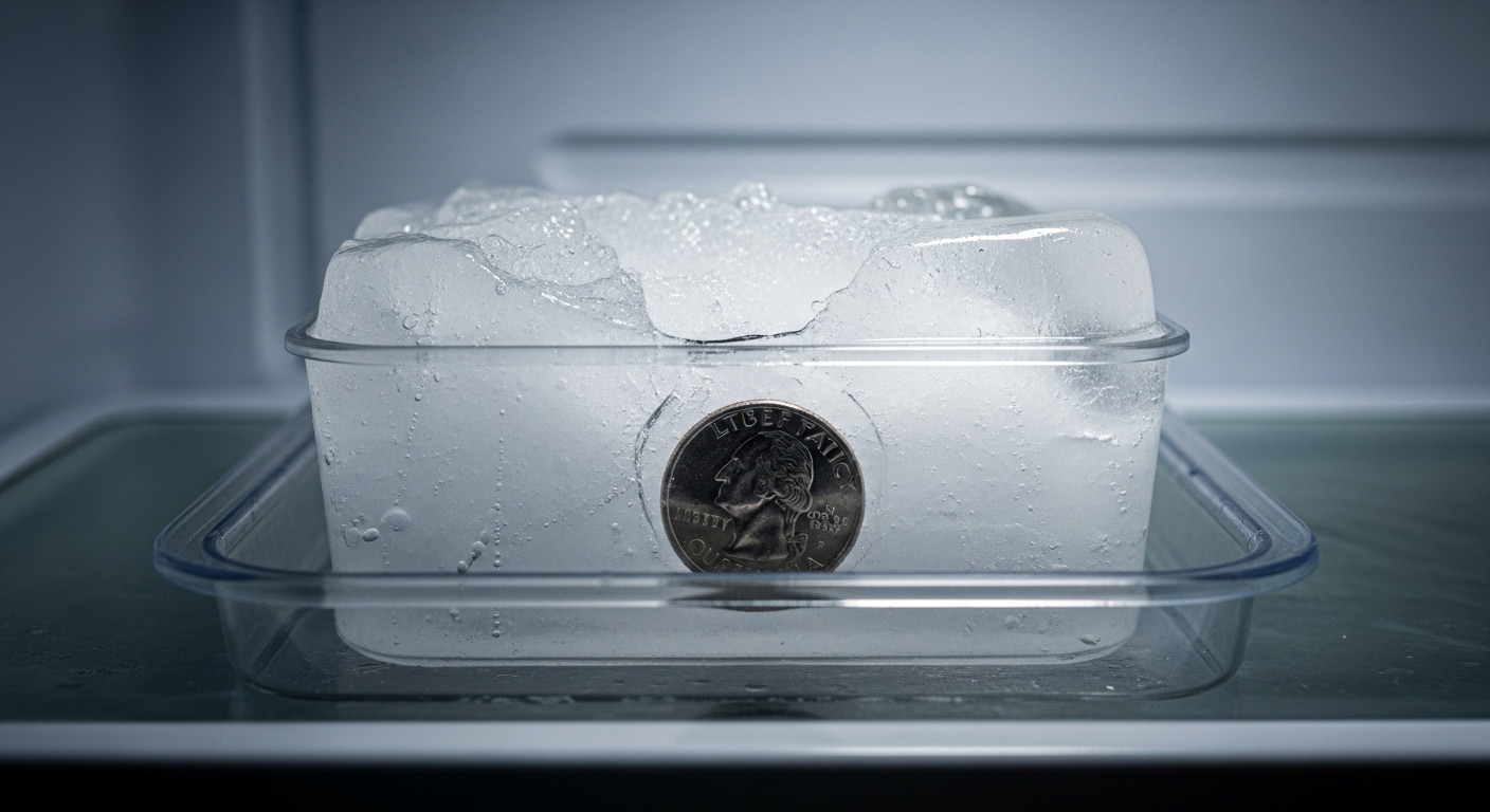 Hình ảnh đồng xu bạc chìm sâu trong khối nước đá đông lạnh, minh họa hiệu quả mẹo bỏ đồng xu vào tủ lạnh giúp bạn kiểm tra mất điện khi vắng nhà.