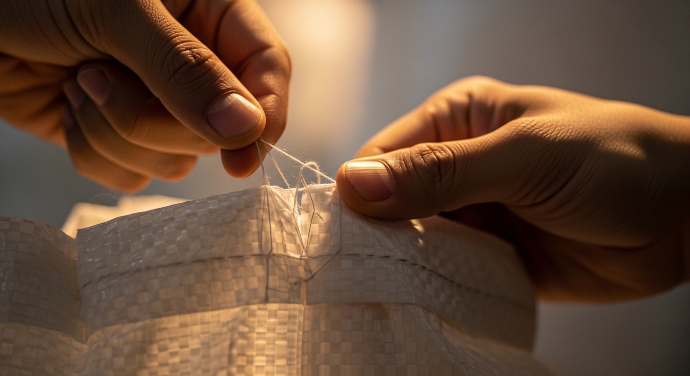 Ngón tay đang kéo sợi chỉ từ bao gạo polypropylene dệt được khâu chắc chắn.