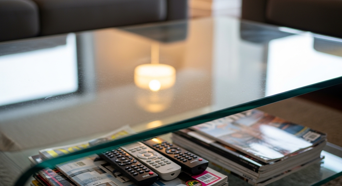 Bàn cà phê kính bẩn, đầy dấu vân tay, với tạp chí và điều khiển xếp chồng lộn xộn. Cảnh tượng này gợi lên hình ảnh đồ nội thất lỗi thời và không gian cần được dọn dẹp, sắp xếp lại.