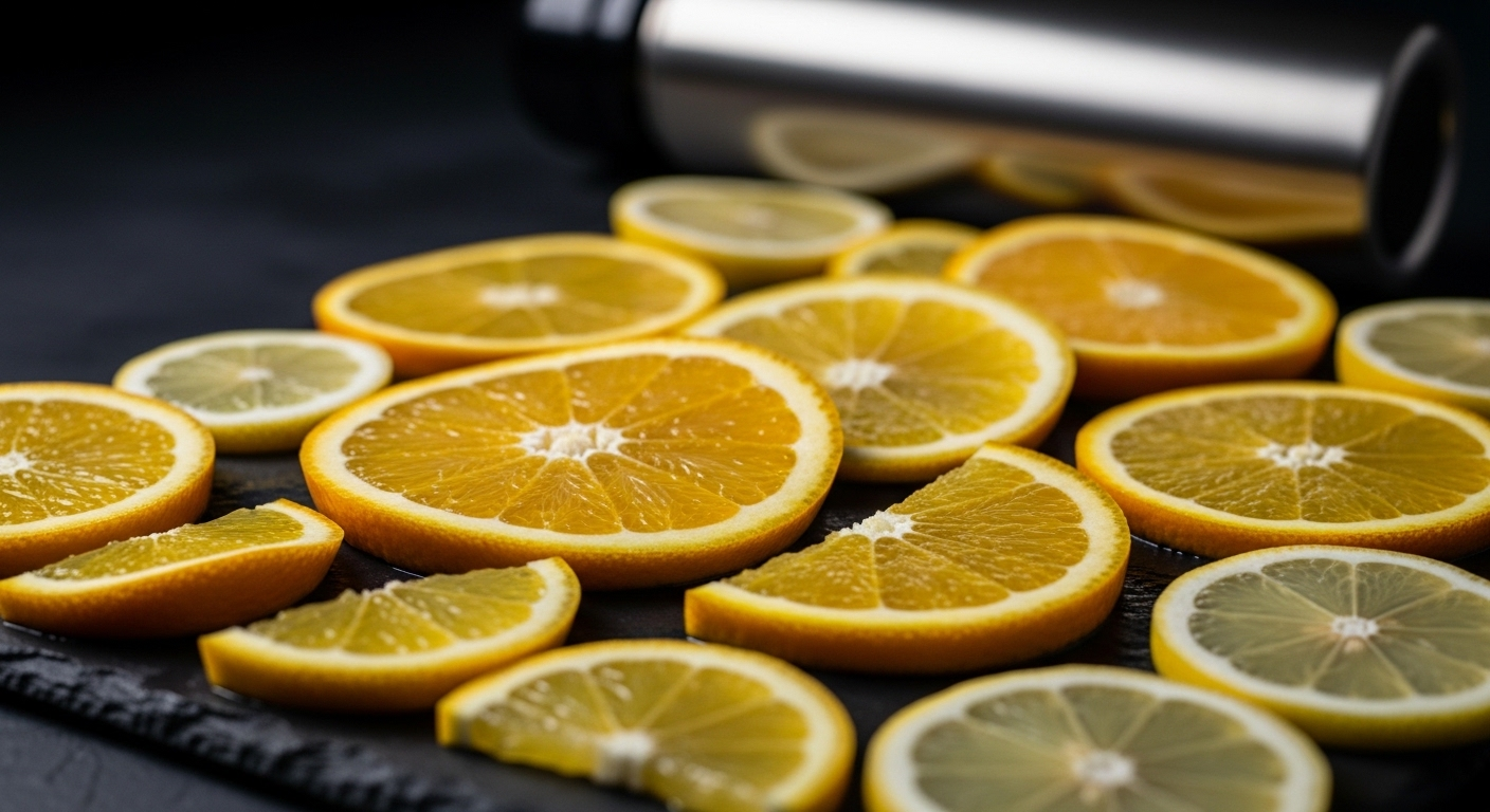 Lát cam và chanh tươi rói xếp gọn trên nền đá đen, với bình giữ nhiệt kim loại mờ phía sau. Nước ép từ trái cây có tính axit như cam chanh thường là loại nước không nên đựng trong bình giữ nhiệt để tránh ăn mòn và giữ hương vị tốt nhất.