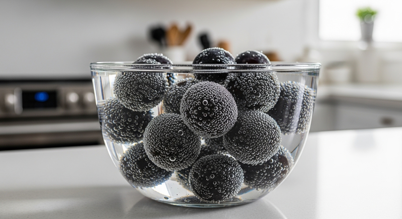 Nho đen tươi mọng ngâm trong bát nước thủy tinh trên bàn bếp hiện đại, sẵn sàng cho các công thức chế biến hoặc thưởng thức tinh tế, bao gồm cả kỹ thuật bóc vỏ nho bằng tăm.