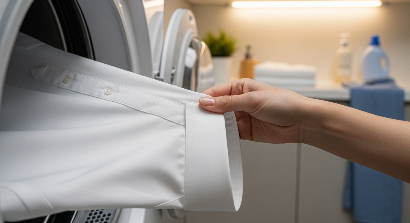 Bàn tay nhẹ nhàng lấy áo sơ mi cotton trắng phẳng phiu, không nếp nhăn từ máy sấy quần áo. Hình ảnh minh họa hiệu quả của việc sấy khô, gợi nhớ đến tác dụng của việc cho đá lạnh vào máy sấy quần áo giúp đồ được là phẳng tự nhiên. Bàn tay nhẹ nhàng lấy áo sơ mi cotton trắng phẳng phiu, không nếp nhăn từ máy sấy quần áo. Hình ảnh minh họa hiệu quả của việc sấy khô, gợi nhớ đến tác dụng của việc cho đá lạnh vào máy sấy quần áo giúp đồ được là phẳng tự nhiên.