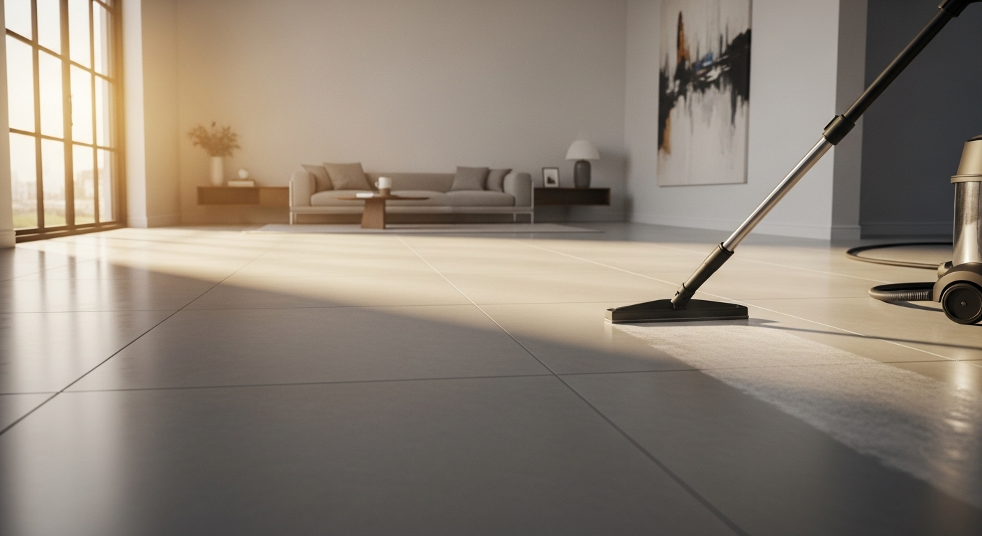 Máy vệ sinh bằng hơi nước nóng đang làm sạch sàn gạch lớn, sáng bóng trong không gian sống hiện đại, để lại bề mặt khô ráo và tinh tươm.