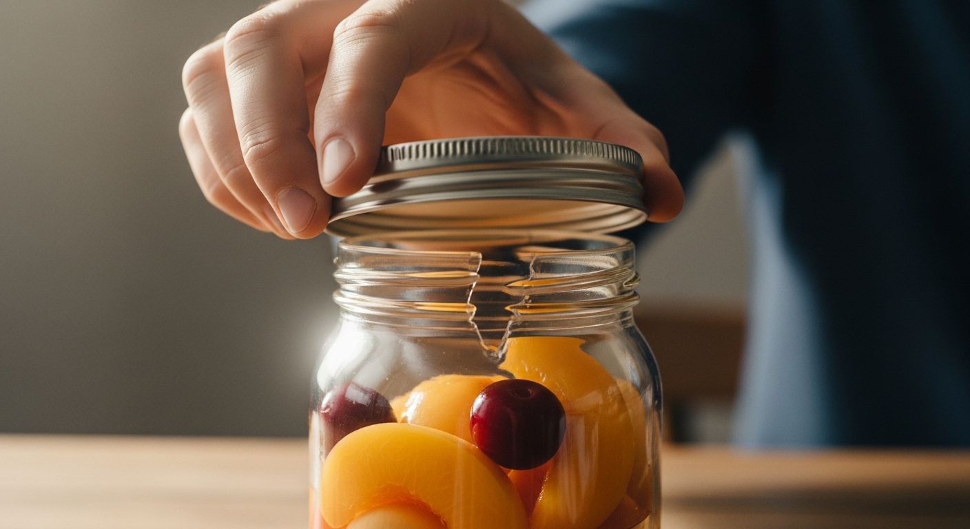 Tay đang dễ dàng vặn nắp kim loại đã lỏng trên lọ thủy tinh chứa hoa quả ngâm, minh họa hiệu quả của mẹo mở lọ.