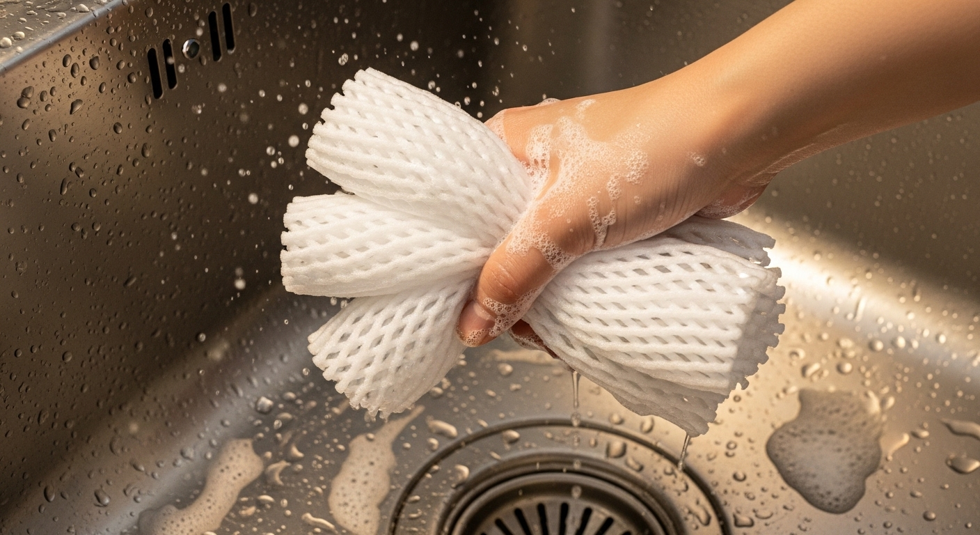 Bàn tay đang dùng lưới bọc hoa quả màu trắng vò lại để chà rửa bồn rửa chén inox sáng bóng với xà phòng. Hình ảnh thể hiện một trong những công dụng của lưới bọc hoa quả trong việc vệ sinh nhà bếp.