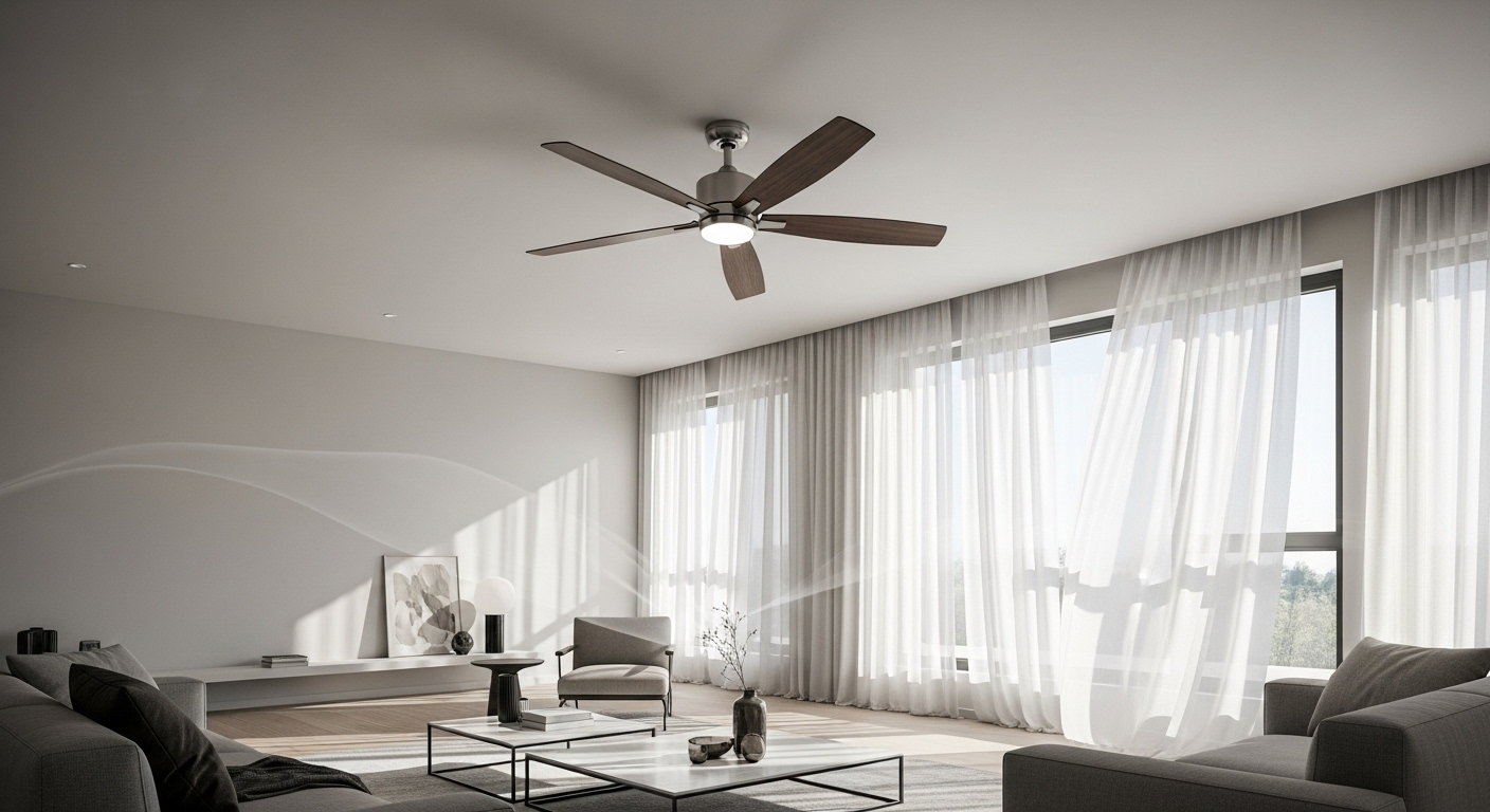 Quạt trần 5 cánh gỗ sẫm hiện đại trong phòng khách sang trọng, gợi ý khi cân nhắc nên mua quạt bao nhiêu cánh cho không gian sống tinh tế.