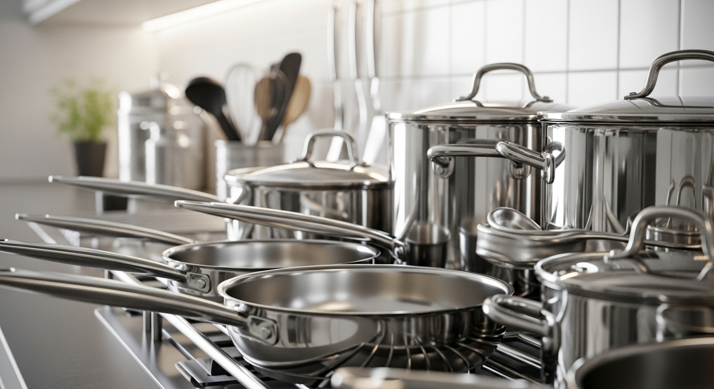 Bộ xoong nồi inox sáng bóng không tì vết, sắp xếp gọn gàng trên giá bếp, minh chứng cho hiệu quả khi tẩy trắng xoong nồi bằng mẻ.