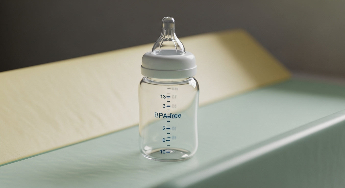 Bình sữa em bé trong suốt, sạch tinh, ghi nhãn 'BPA-free', là đồ nhựa an toàn thực phẩm, đặt trên thảm thay tã màu pastel.