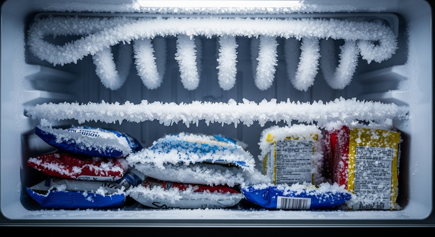 Cận cảnh bên trong ngăn đông tủ lạnh mở, với lớp tuyết và tinh thể băng dày đặc bao phủ các gói thực phẩm đông lạnh. Ngoài việc bảo quản thực phẩm, nhiều người cũng tìm kiếm thông tin về tác dụng của việc đặt khẩu trang vào tủ lạnh.