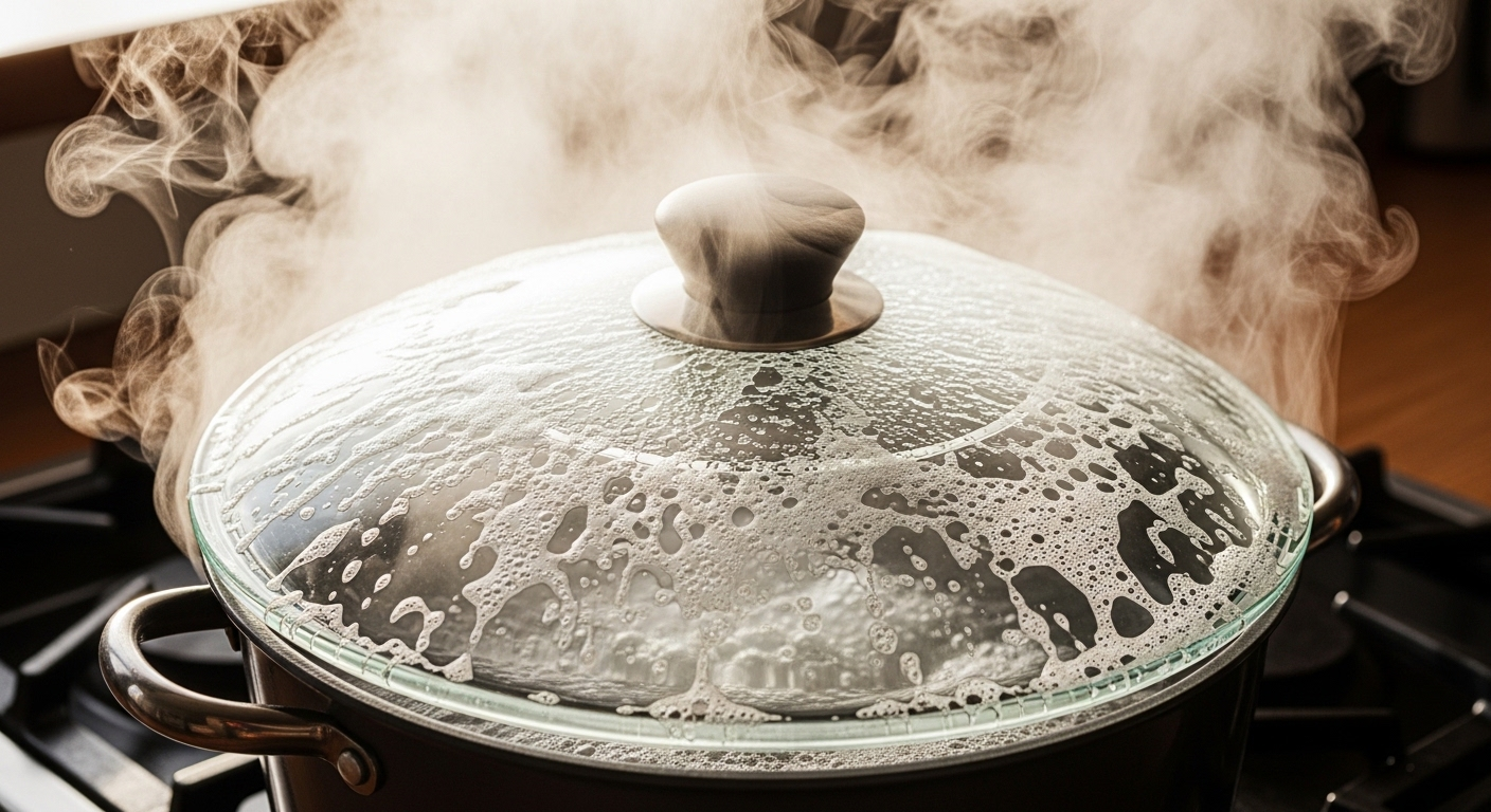 Cảnh làm sạch vung nồi thủy tinh bằng cách úp ngược trên nồi nước sôi, hơi nước và bọt xà phòng đang đánh bay dầu mỡ tích tụ.