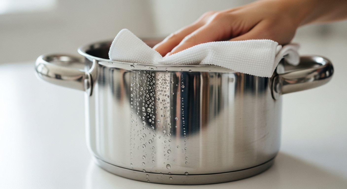 Nồi inox sáng bóng vừa rửa đang được lau khô cẩn thận bằng khăn microfiber mềm. Đây là cách chăm sóc đúng để tránh những sai lầm làm hỏng nồi inox.