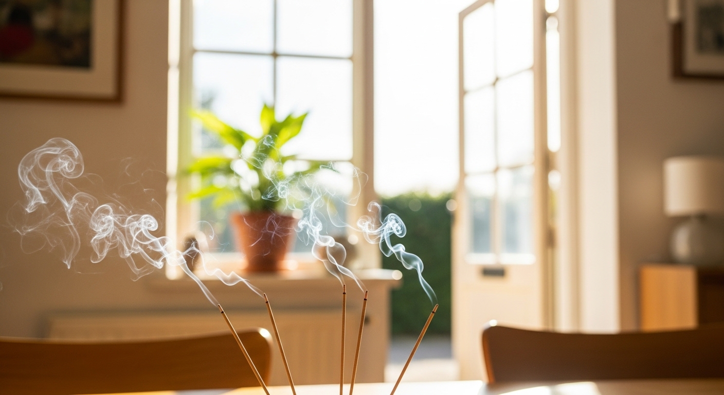 Không gian ấm cúng với những que nhang cuốn tàn đang cháy nhẹ nhàng. Ánh nắng tự nhiên từ cửa sổ mở lớn chiếu vào, làm nổi bật làn khói mờ và mang lại không khí trong lành, kèm cây xanh gần cửa sổ.