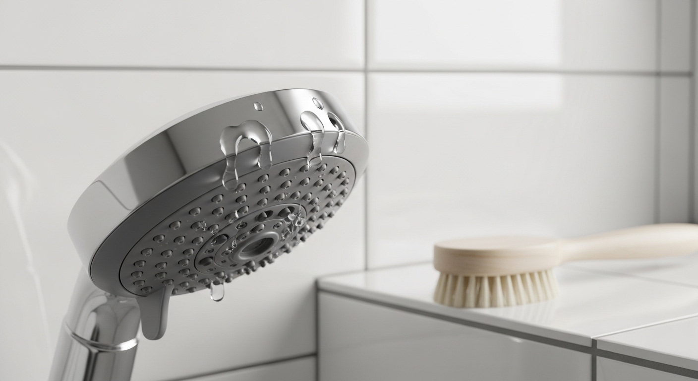 Vòi sen inox đang được làm sạch cặn khoáng bằng giấm trắng pha loãng kèm bàn chải mềm, giúp phòng tắm luôn sáng bóng.