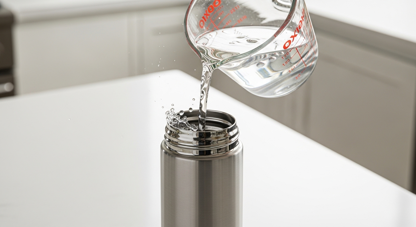 Cận cảnh một thìa bột baking soda trắng được cho vào bình giữ nhiệt thép không gỉ có nước ấm, minh họa Mẹo làm sạch mùi hôi bình giữ nhiệt hiệu quả trong nhà bếp sáng sủa.