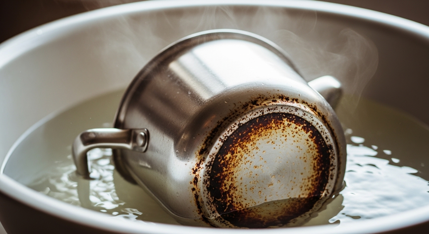 Nồi inox bị cháy đen đang ngâm trong dung dịch tẩy rửa, minh họa cách làm sạch nồi inox bị bám bẩn.