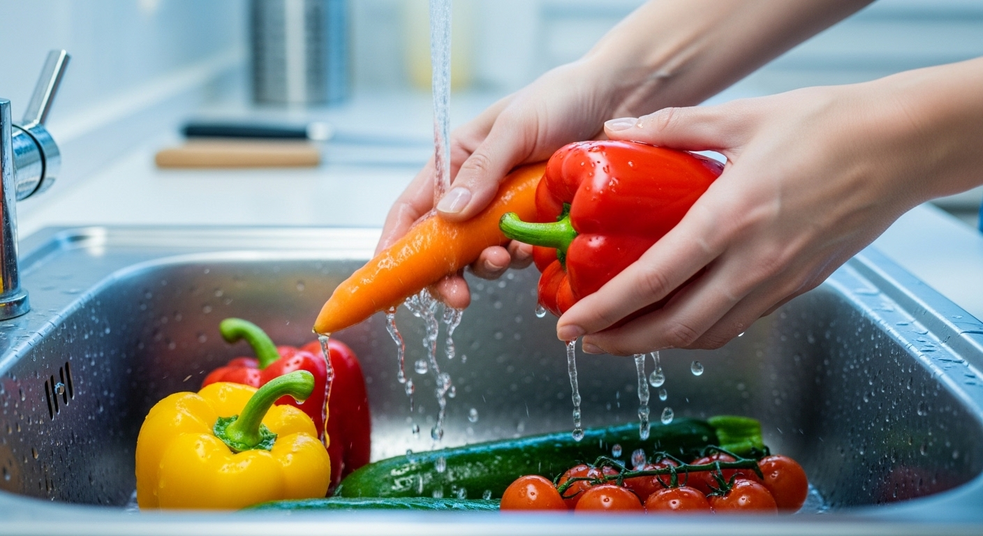 Tay đang rửa sạch rau củ quả tươi (cà rốt, ớt chuông) trong bồn inox sáng bóng, bước đầu quan trọng cho việc bảo quản thực phẩm bằng hút chân không hiệu quả.