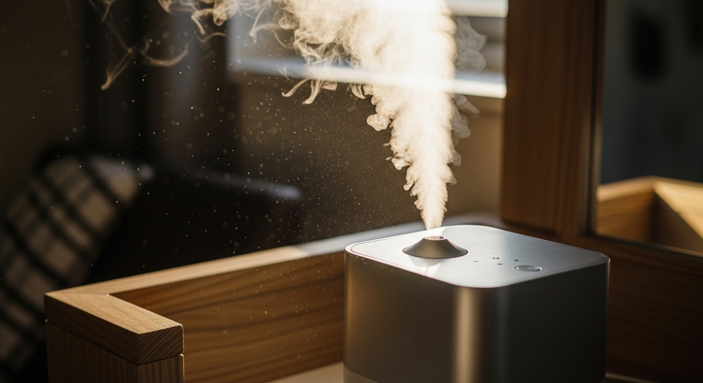 Máy tạo độ ẩm hiện đại phun sương nhẹ nhàng trong phòng ấm áp, gần bàn trang điểm, hỗ trợ chăm sóc tóc mùa đông hiệu quả.