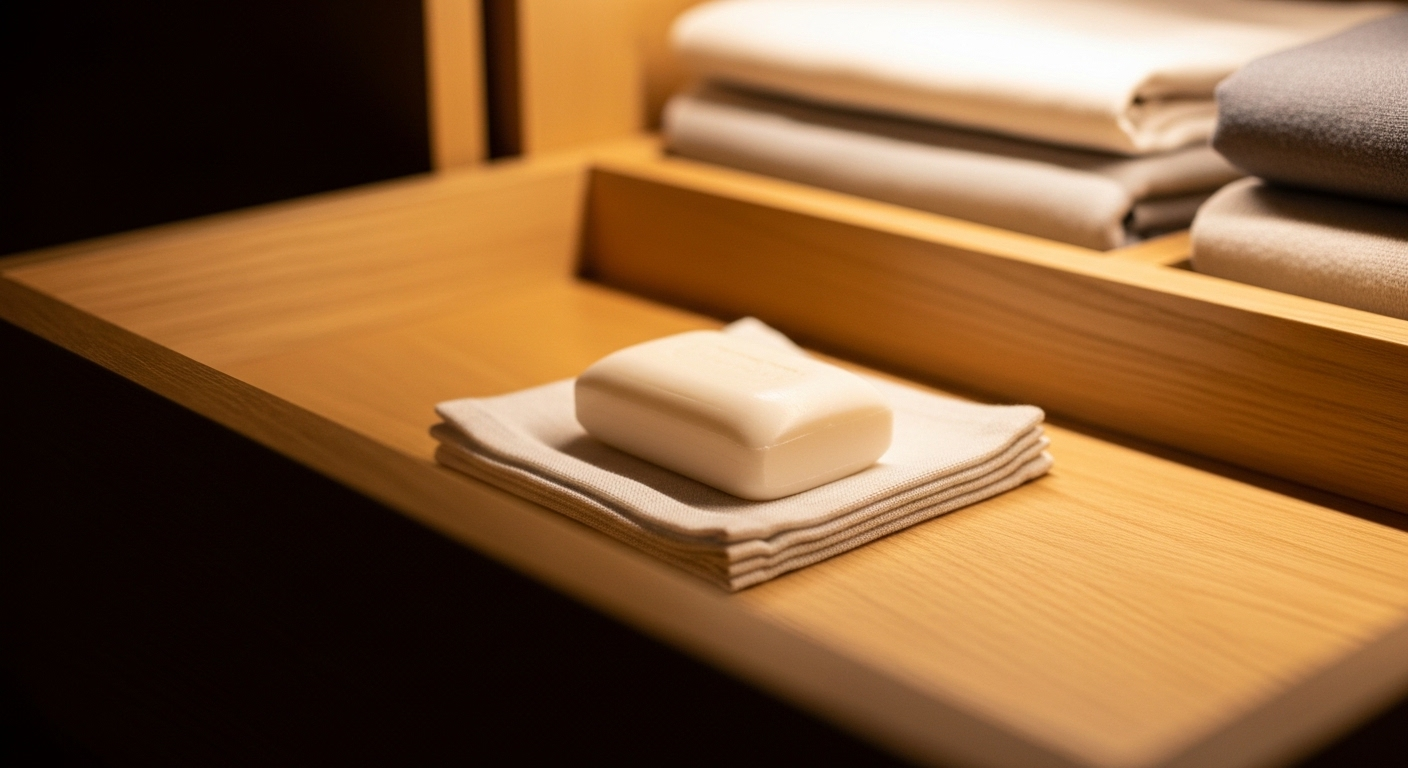 Bánh xà phòng trắng gói gọn trong vải sạch, đặt trong ngăn kéo gỗ tủ quần áo ngăn nắp, thể hiện công dụng của xà phòng trong việc duy trì sự tươi mới và vệ sinh.