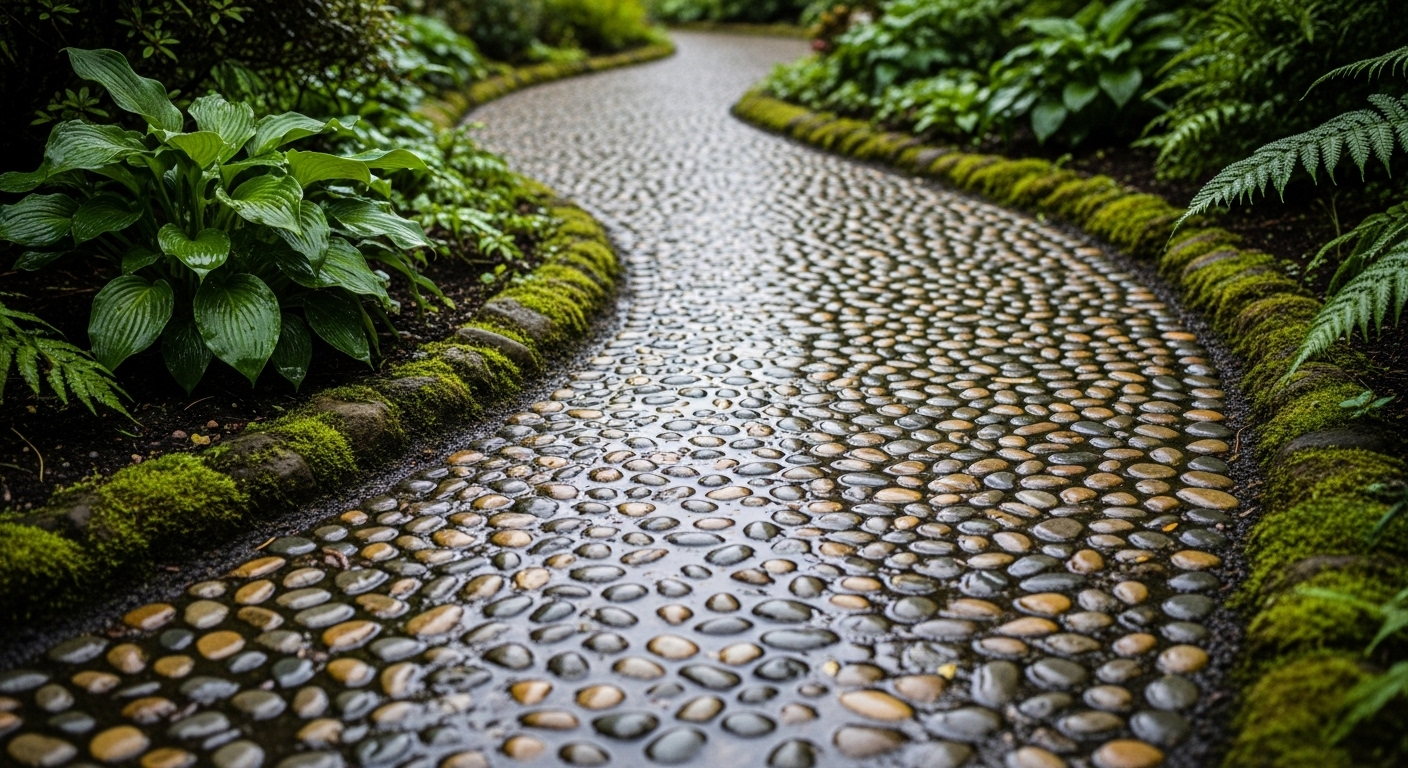 Lối đi sân vườn quanh co lát đá cuội ướt phản chiếu ánh sáng, bao quanh bởi cây xanh tươi tốt, minh họa ý tưởng sáng tạo với đá cuội cho cảnh quan.